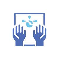 Digital hands holding tablet displaying connection data network symbol vector