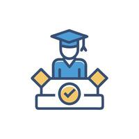 Graduate student presenting thesis with approval check mark graphic vector