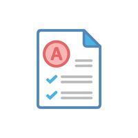 Graded paper with A and check mark icons vector