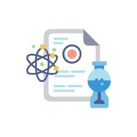 Scientific research documentation with atom model and laboratory equipment vector