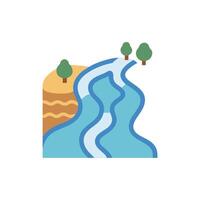 Stylized waterfall icon featuring river, canyon and green trees vector