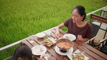 Top view of countryside lunch between mother and child at wooden table video