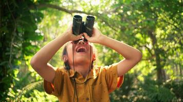 Child laughing with excitement while using binoculars in green forest video