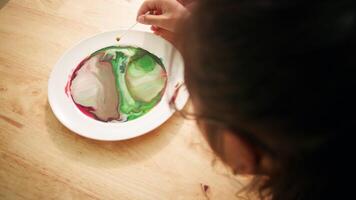 Top View of Color Mixing on Milk from Surface Tension Reaction video