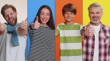 Collage of diverse happy smiling people showing thumbs up like sign positive good positive feedback video