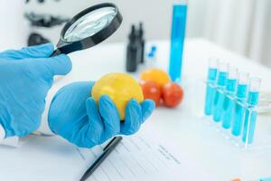Scientist use magnifying glass to check physical occur from chemical on fruit and vegetable residues in laboratory. inspect the concentration of chemical residues, standard, find prohibited photo