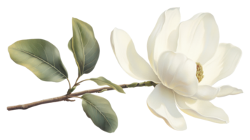 Close-up view of a magnolia blossom and leaves. png