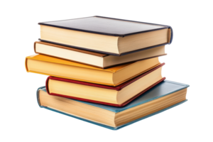 Stack of colorful hardback books displayed on a plain background. png