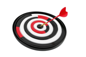 A three-dimensional target with a red dart in the bullseye. png