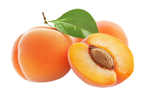 Fresh ripe apricots with leaves and a sectioned view. png