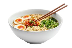Delicious noodles in a white bowl with chopsticks. png