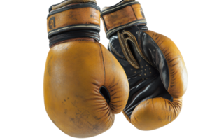 Worn boxing gloves, showing signs of use, displayed close-up. png
