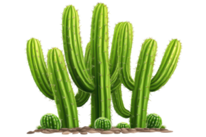 Group of vibrant green saguaro cacti with desert soil. png