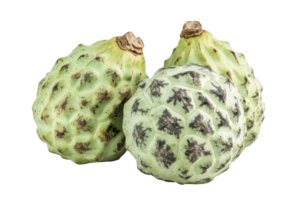 Close-up view of three fresh cherimoya fruits. png