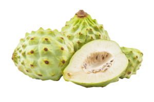 Fresh green cherimoya fruit display with one sliced section. png