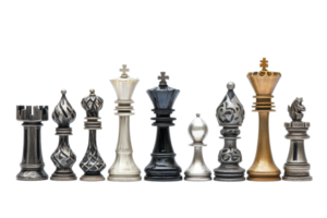 A row of various chess pieces in a range of colors and patterns. png