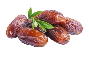 Close-up view of several plump dates with leaves. png