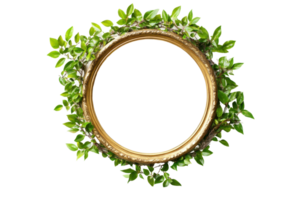 Circular gilded frame adorned with foliage and vibrant color. png