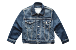 A denim jacket, front view, with button closures. png