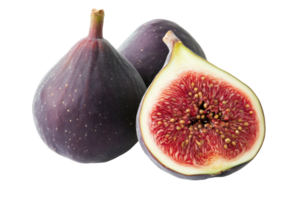 Close up of whole and halved figs, displaying their vibrant colors. png