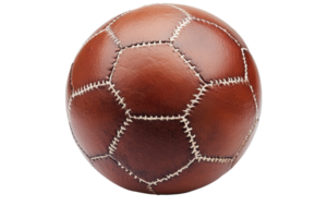 Close-up view of a brown leather soccer ball. png