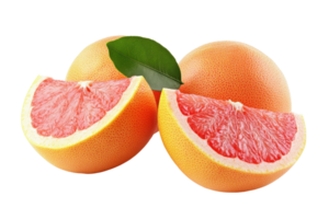 Close-up view of fresh grapefruit slices and whole fruit. png