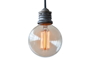 Illuminated globe light bulb hanging from a wire. png