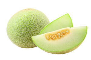 Fresh cantaloupe melon with slices, displayed against a simple background. png