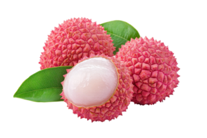 Close-up view of three lychees with one split open. png