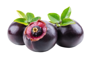 Close-up view of three dark purple fruits with vibrant red centers. png