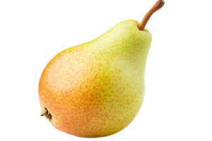 Close-up view of a pear positioned against a light beige surface. png