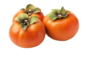 Close-up view of three ripe persimmons with leaves. png