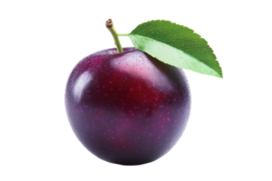 Close-up view of a vibrant purple plum with a leaf. png