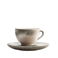 A speckled, beige ceramic teacup and saucer, isolated against a solid background. png