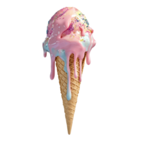A melting colorful ice cream cone with dripping sugary sauce. png
