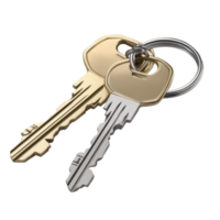 Two metallic keys on a key ring, rendered in a realistic style. png