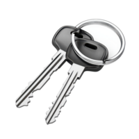 Close-up view of two metallic keys with a key ring. png