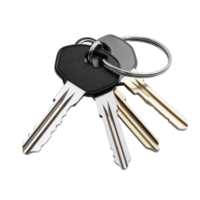 Close-up view of several metal keys attached to a keyring. png