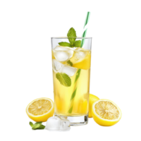 Refreshing beverage in a tall glass with ice and lemon slices. png