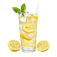 Refreshing lemon drink with ice and lemon slices. png