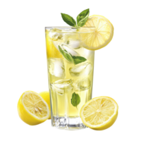 Refreshing lemonade drink in a tall glass with ice and lemon slices. png