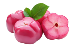 Close-up view of three vibrant pink fruits with leaves. png