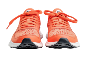 Bright orange athletic shoes displayed front view. png