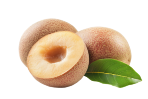 Close-up view of two sapodilla fruits, one halved. png