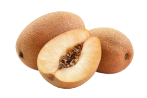 Close-up view of two whole and one half kiwi fruit. png