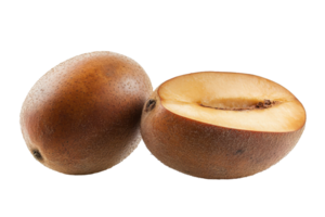 Close up view of two whole and halved exotic fruit. png