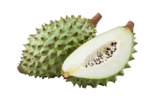 Two tropical fruits, a whole soursop and a sliced papaya. png