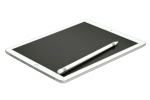 Flat lay of a tablet computer and stylus on a dark background. png