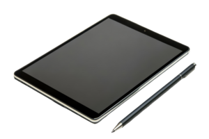 Modern tablet computer with stylus displayed at an angle. png