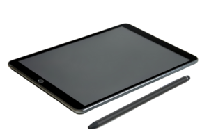 Tablet computer with stylus and abstract background colors. png